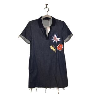 ZARA TRAFALUC NEW‎ $44 Distressed Raw Hem Patchwork Collared Denim Dress XS